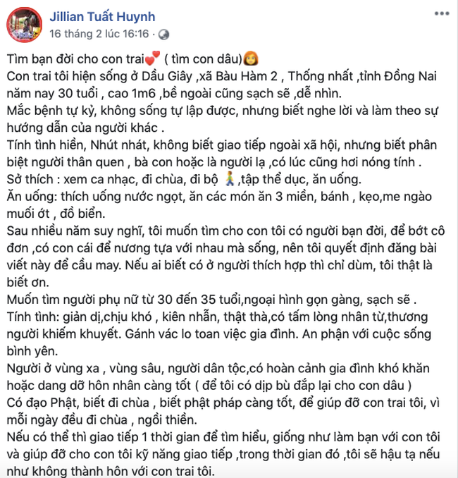 Mẹ Việt lên mạng đăng thông báo tuyển vợ cho con trai 30 tuổi bị tự kỷ: Nhiều tài khoản Facebook lợi dụng cơ hội, thêm thắt với mục đích xấu - Ảnh 1.