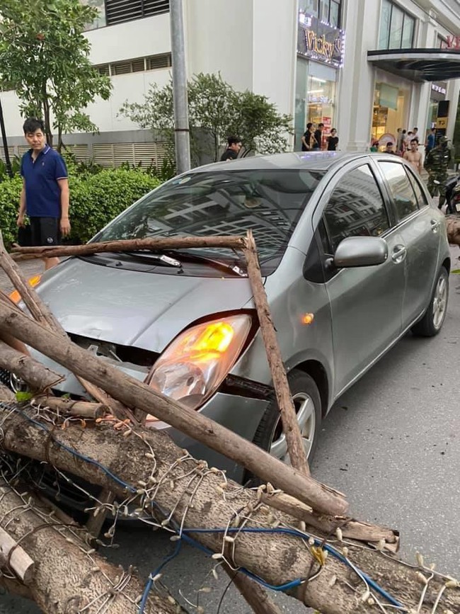 Hà Nội: Cây xanh bật gốc đè trúng ô tô đang chạy trên đường giữa cơn mưa giông bất chợt - Ảnh 2.