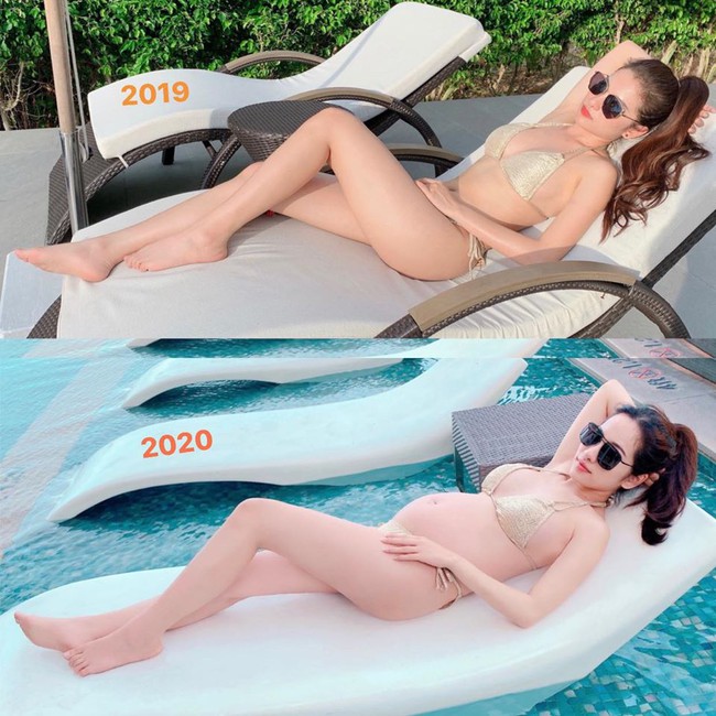 Sara Lưu đăng ảnh diện bikini trước và sau khi bầu bí. Cô bộc bạch: Vẫn cô gái đó, bộ bikini đó và dáng nằm đó mà nhở! Năm sau nữa là kẹp thêm 2 thằng cu để ba chụp hình cho nữa ạ.