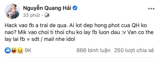 Facebook của Quang Hải bị hacker tấn công, đăng nhiều trạng thái và chia sẻ những tin nhắn nhảy cảm về chuyện yêu đương - Ảnh 1.