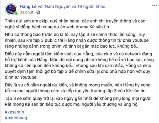 Tập 3 webdrama "Kẻ Săn Tin" của Minh Hằng bất ngờ bị Youtube tháo bỏ vì gắn mác bạo lực, khủng bố - Ảnh 3. Tập 3 webdrama "Kẻ Săn Tin" của Minh Hằng bất ngờ bị Youtube tháo bỏ vì gắn mác bạo lực, khủng bố - Ảnh 3.