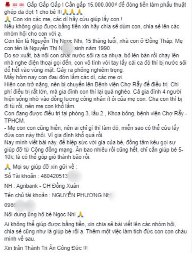 Kẻ gian nhẫn tâm lấy hình ảnh bé gái 15 tháng tuổi bỏng nặng đăng Facebook, bịa chuyện điều trị ở BV Chợ Rẫy để trục lợi - Ảnh 1.