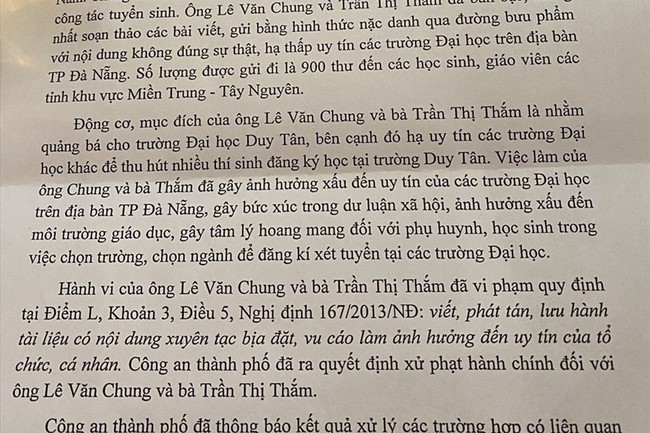 Xác định danh tính 2 đối tượng gửi 900 thư nặc danh nói xấu trường khác, trong đó có trưởng đoàn tuyển sinh Đại học Duy Tân - Ảnh 1. Xác định danh tính 2 đối tượng gửi 900 thư nặc danh nói xấu trường khác, trong đó có trưởng đoàn tuyển sinh Đại học Duy Tân - Ảnh 1.
