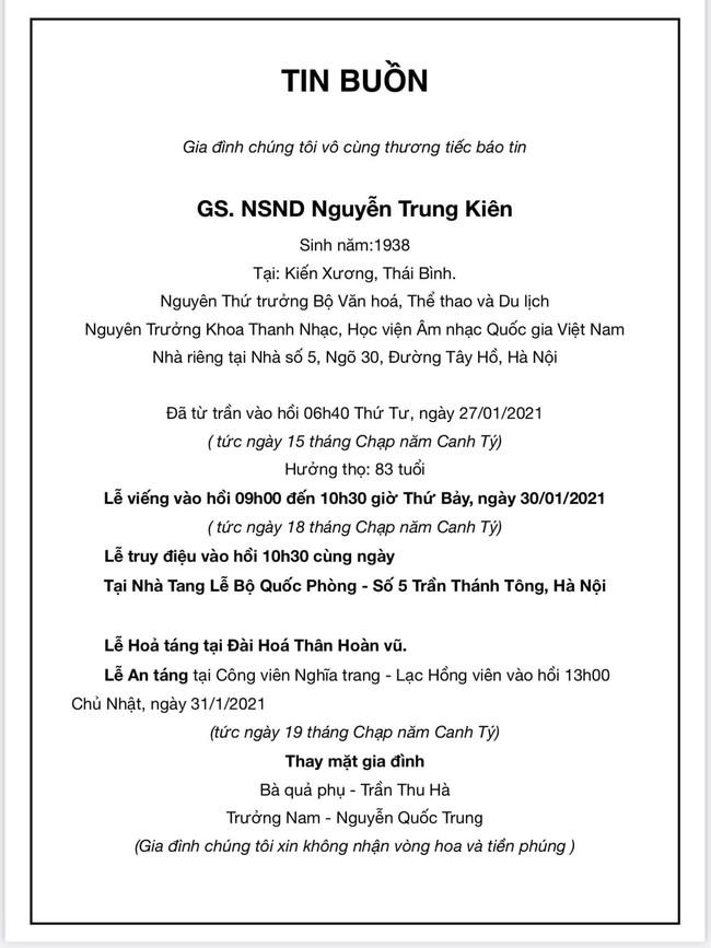 Thông tin chính thức về tang lễ của NSND Trung Kiên - bố nhạc sĩ Quốc Trung - Ảnh 2.