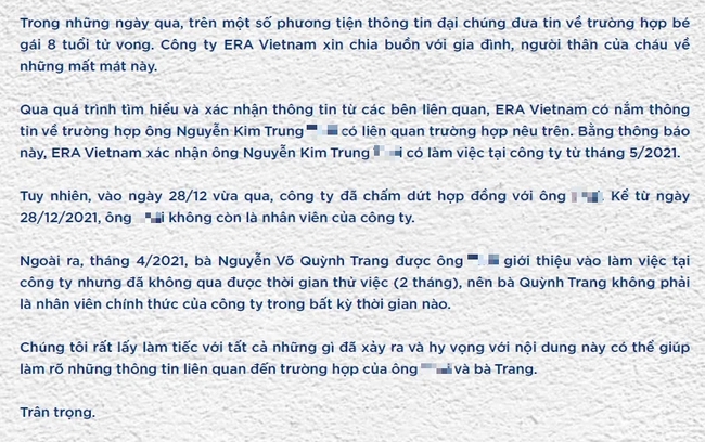 Vụ bé gái 8 tuổi bị bạo hành tử vong: Công ty chủ quản thông báo chấm dứt hợp đồng với cha ruột, "dì ghẻ" từng được giới thiệu vào làm nhưng không qua 2 tháng thử việc - Ảnh 2. Vụ bé gái 8 tuổi bị bạo hành tử vong: Công ty chủ quản thông báo chấm dứt hợp đồng với cha ruột, "dì ghẻ" từng được giới thiệu vào làm nhưng không qua 2 tháng thử việc - Ảnh 2.