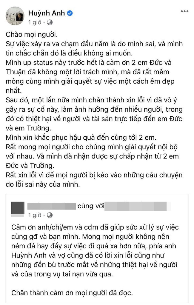 Huỳnh Anh chính thức nhận lỗi và hứa bồi thường đến cùng trong vụ tai nạn tối mùng 4 Tết, chính thức khép lại drama đầu năm - Ảnh 2.