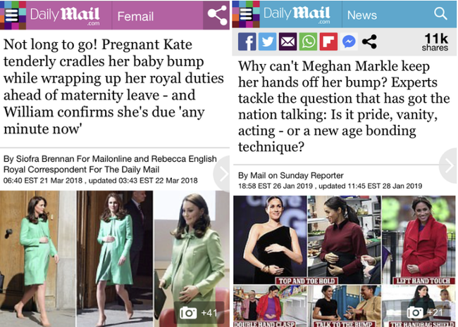 Những tiêu đề bài báo chứng minh báo chí Anh &quot;đối xử khác&quot; giữa Meghan và Kate? Cùng một cử chỉ nhỏ khi mang bầu, người được khen tinh tế, kẻ bị chê &quot;làm màu&quot; - Ảnh 1.