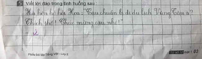 Bài tập tiếng Việt yêu cầu học sinh viết lời đáp, cậu nhóc chỉ trả lời 1 chữ duy nhất khiến dân tình ôm bụng cười còn cô giáo &quot;bó tay&quot; vì không thể bắt lỗi  - Ảnh 1.