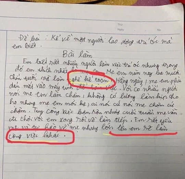 Cậu bé tiểu học viết văn nhưng vô tình &quot;bóc phốt&quot; nghề nghiệp của mẹ: Con khai toạc thế này thì mẹ không dám đi làm nữa - Ảnh 1.