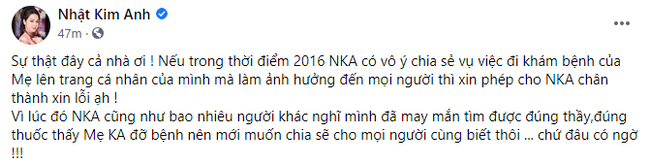 Nhật Kim Anh lên tiếng xin lỗi về loạt hình ảnh đưa mẹ đi chữa bệnh chỗ ông Võ Hoàng Yên - Ảnh 2. Nhật Kim Anh lên tiếng xin lỗi về loạt hình ảnh đưa mẹ đi chữa bệnh chỗ ông Võ Hoàng Yên - Ảnh 2.