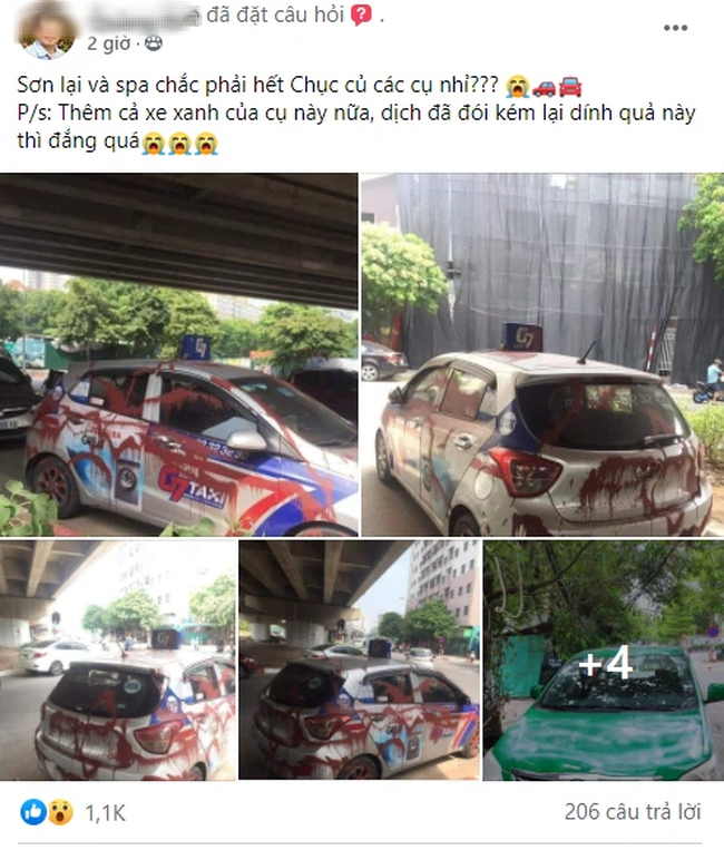 Hà Nội: Bước ra nhìn thấy xe, tài xế taxi choáng khi phát hiện xe mình bị tạt sơn đỏ chằng chịt - Ảnh 1.