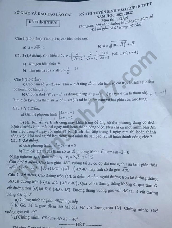 Đề thi và đáp án môn Toán vào lớp 10 của một số tỉnh thành năm học 2021 - 2022 - Ảnh 12.