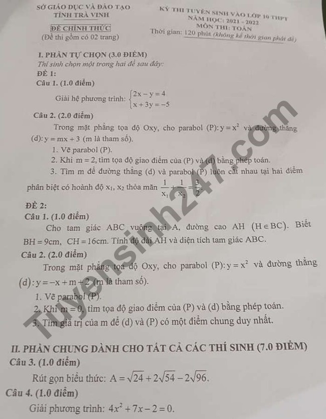 Đề thi và đáp án môn Toán vào lớp 10 của một số tỉnh thành năm học 2021 - 2022 - Ảnh 7.