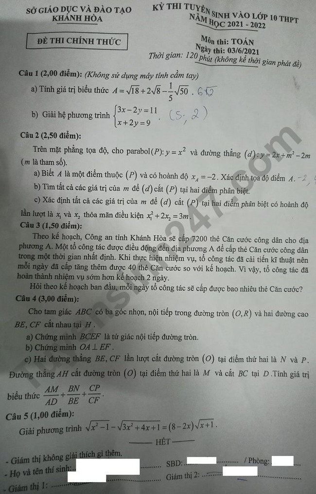 Đáp án đề thi tuyển sinh lớp 10 môn Toán năm 2021 của các tỉnh Khánh Hòa - Ảnh 1.