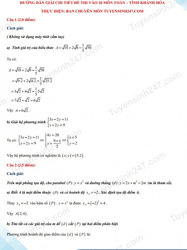 Đáp án đề thi tuyển sinh lớp 10 môn Toán năm 2021 của các tỉnh Khánh Hòa - Ảnh 2.