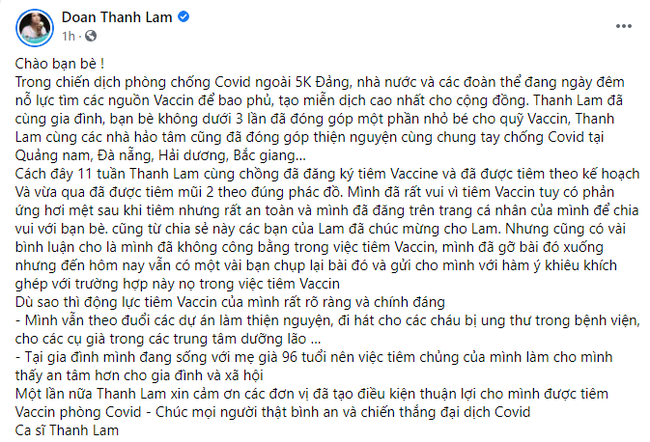 Thanh Lam lên tiếng về việc hoàn thành tiêm 2 mũi vắc xin - Ảnh 2.