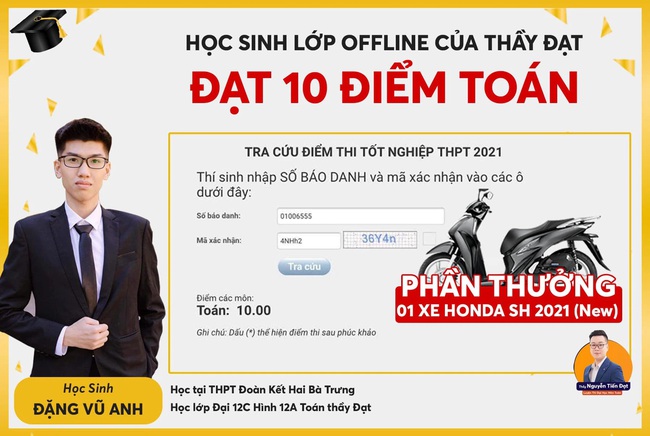 Nam sinh đạt 10 điểm Toán, thầy giáo chơi lớn thưởng nóng luôn 1 chiếc SH mới toanh - Ảnh 1.