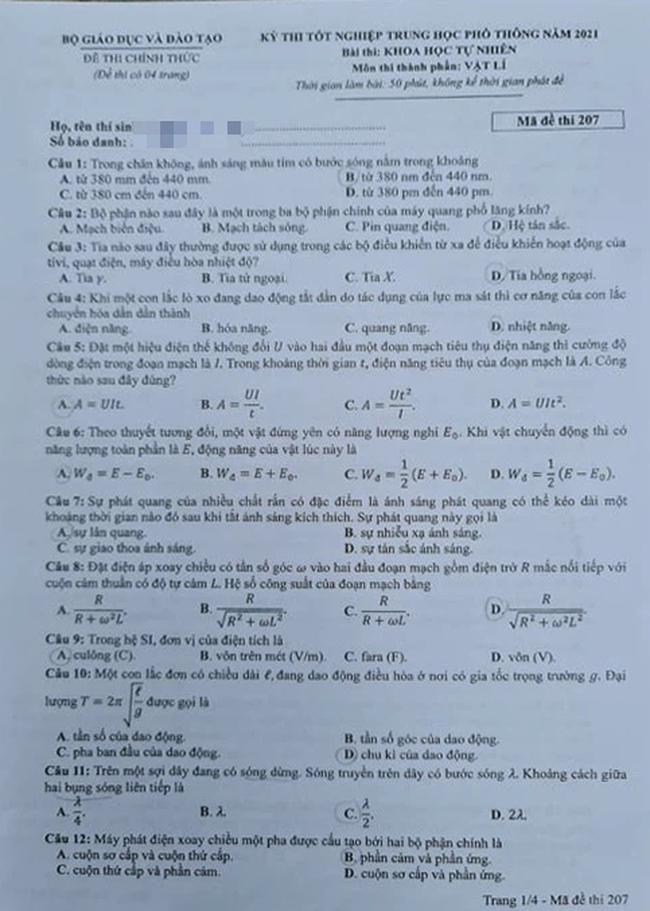 Đề thi và đáp án môn Vật Lý tốt nghiệp THPT Quốc gia 2021: Xem ngay tại đây - Ảnh 1.