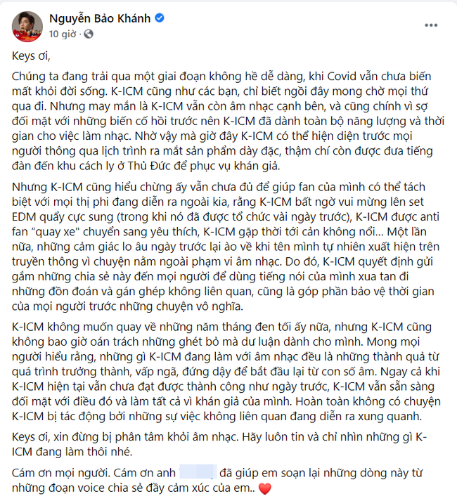 Tâm thư của K-ICM giữa scandal tình ái gây chấn động Vbiz, không quên &quot;cà khịa&quot; Jack bằng một câu? - Ảnh 1.