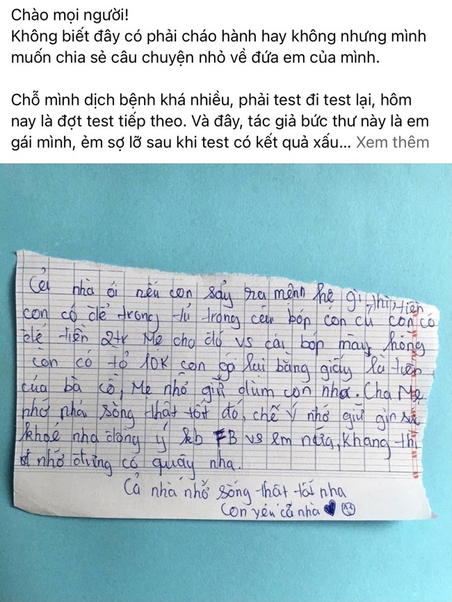 Cảm động bức &quot;tâm thư&quot; của em bé gái viết cho gia đình vì lo sợ đi test Covid sẽ có kết quả xấu  - Ảnh 1.