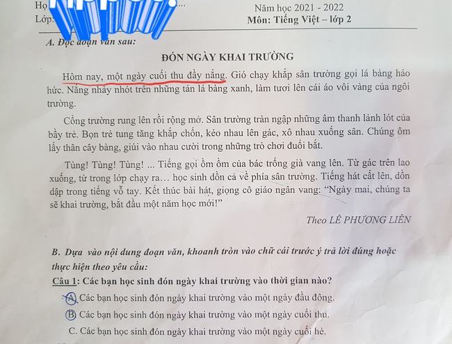 Tranh cãi bất ngờ xung quanh câu hỏi &quot;Khai giảng vào đầu thu hay cuối thu&quot; từ 1 đề thi Tiếng Việt lớp 2 - Ảnh 1.