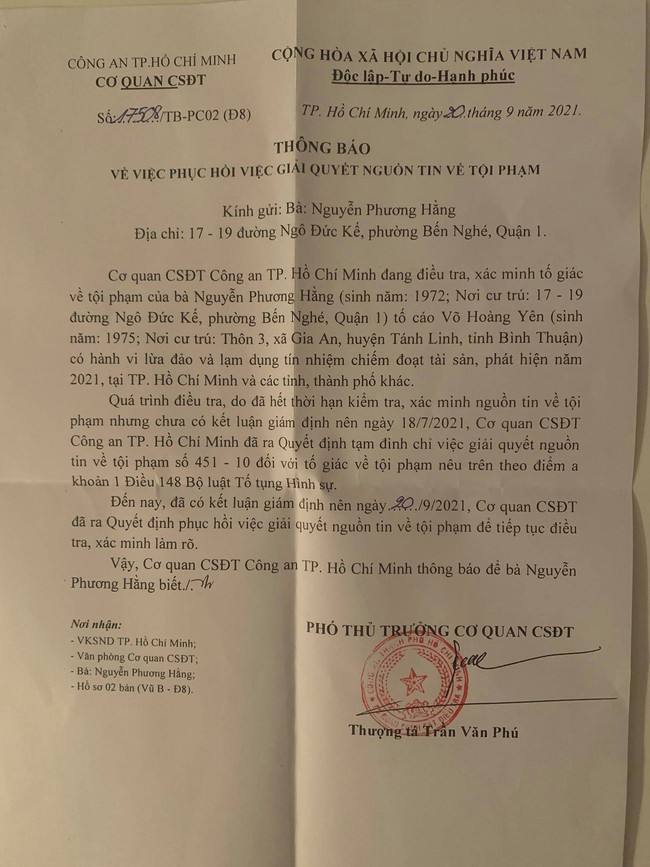Bà chủ Đại Nam nhận giấy thu hồi việc giải quyết nguồn tin về tội phạm - Ảnh 1. Bà chủ Đại Nam nhận giấy thu hồi việc giải quyết nguồn tin về tội phạm - Ảnh 1.