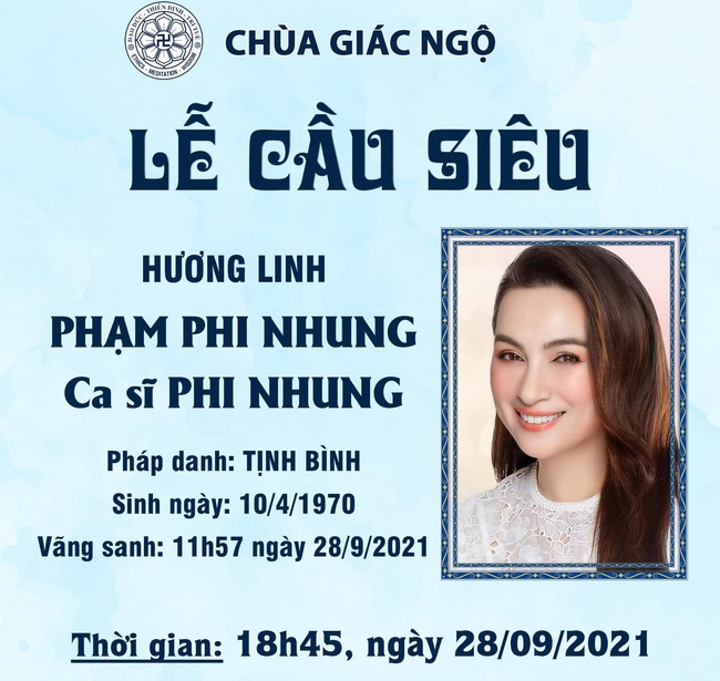 Thông tin về lễ cầu siêu cho ca sĩ Phi Nhung - Ảnh 1.