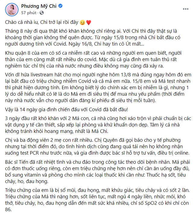 Cô ruột vừa qua đời chưa lâu, Phương Mỹ Chi và gia đình đã nhiễm Covid-19 - Ảnh 2.