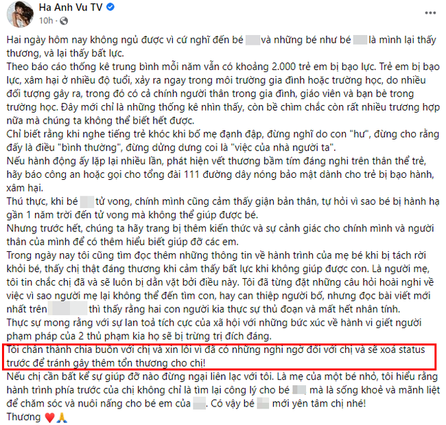 Hà Anh lên tiếng xin lỗi mẹ ruột bé gái 8 tuổi nghi bị bạo hành đến tử vong - Ảnh 2.