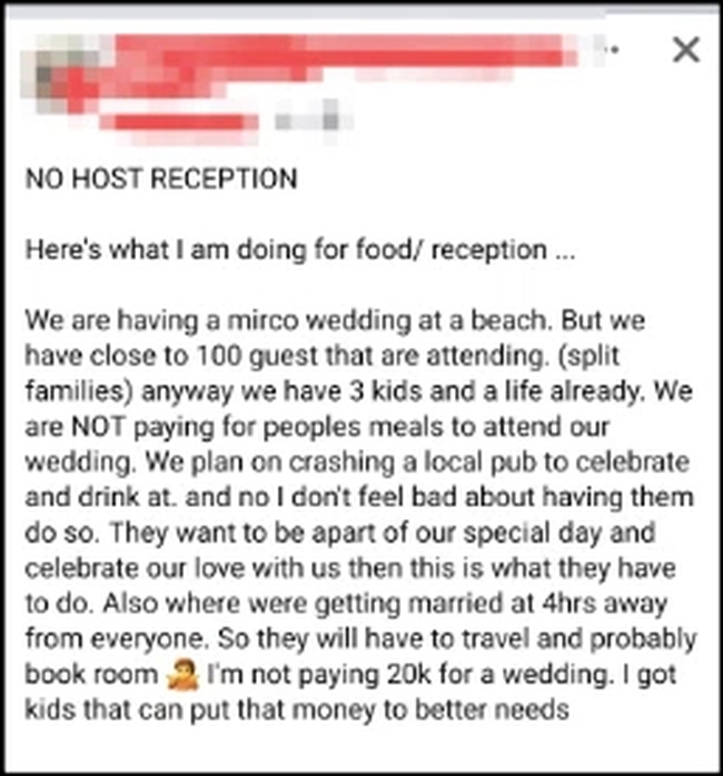 Tuyên bố thẳng thừng &quot;KHÔNG phục vụ ăn uống&quot; trong tiệc cưới 100 khách, cô dâu gây bức xúc khi lấy con cái ra làm lí do! - Ảnh 1.
