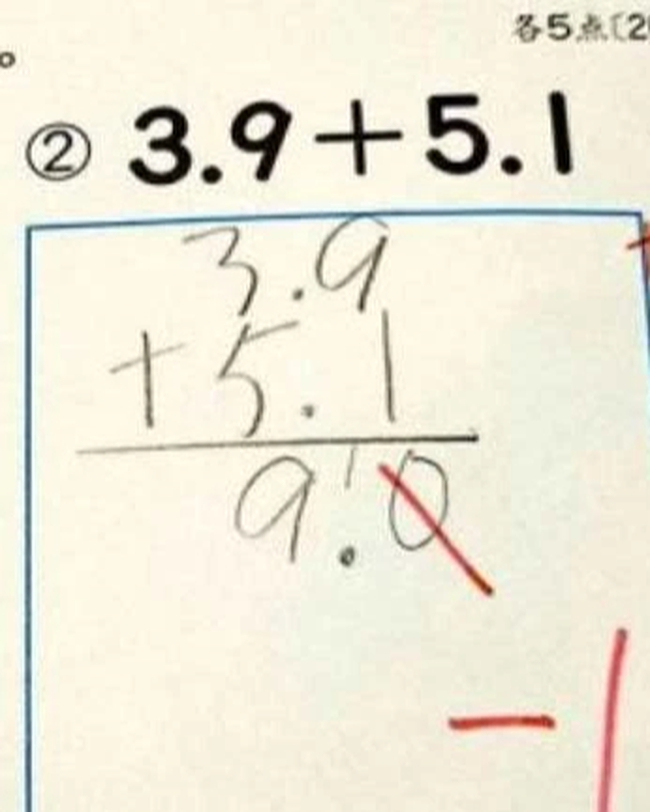 Math Problem 3.9 + 5.1 = 9 was crossed wrong by the teacher, the mother decided to ask for it, but the answer was SURPRISE - Photo 1.
