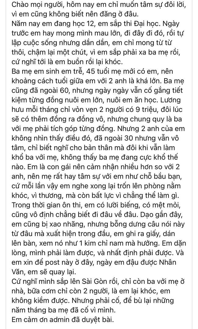 Tâm thư vỏn vẹn 15 chữ của nữ sinh lớp 12 gây sốt MXH: Đọc xong nước mắt lăn dài, hãy bên bố mẹ nhiều hơn khi còn có thể! - Ảnh 2.