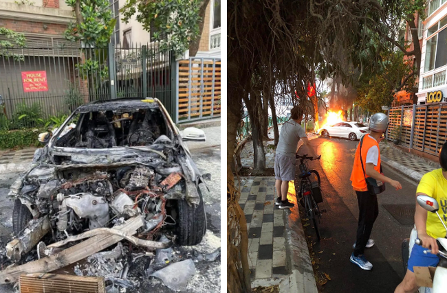 Hà Nội: Xe ô tô Mercedes bốc cháy sau khi tông trúng gốc cây - Ảnh 1.