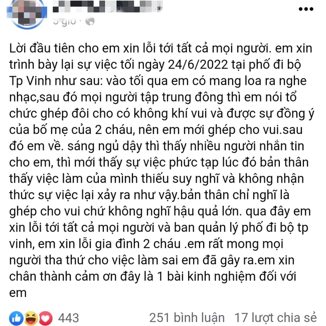 Nam MC đưa 2 cháu nhỏ ra ghép đôi tại phố đi bộ TP Vinh nhận sai và xin lỗi - Ảnh 1.