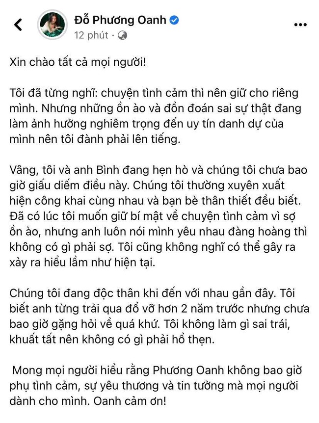 Phương Oanh chính thức lên tiếng về chuyện tình cảm - Ảnh 2.