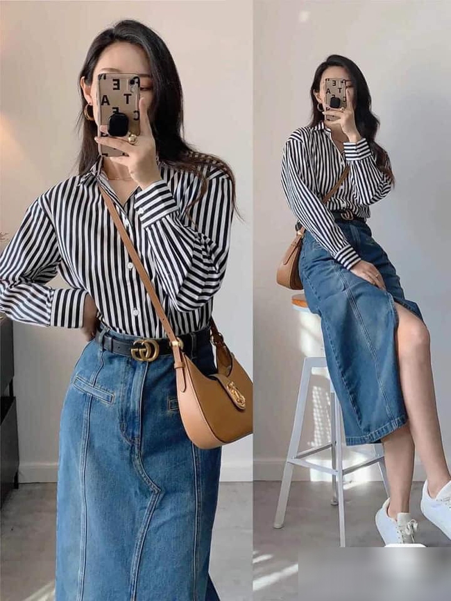 Diện chân váy denim đến công sở - Ảnh 3. Diện chân váy denim đến công sở - Ảnh 3.
