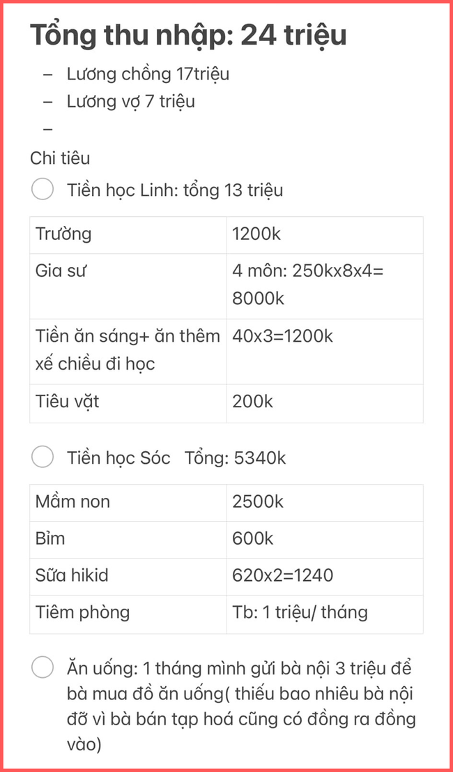 Lên mạng than nghèo nhưng không ai đồng cảm nổi: Chi 18 triệu cho con đi học thì không tiếc, tiếc 3 triệu tiền ăn gửi mẹ chồng - Ảnh 2.