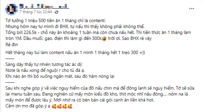 Lên mạng khoe cách ăn uống tiết kiệm chỉ hết 1,3 triệu/tháng, cô gái nhận cảnh báo &quot;coi chừng rước cả tá bệnh&quot;  - Ảnh 1.