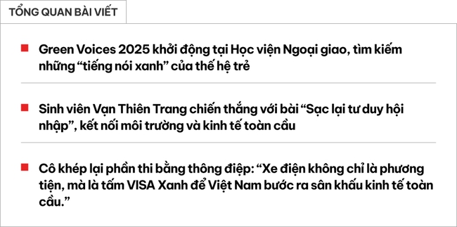 Nữ sinh Học viện Ngoại giao chiến thắng chặng mở màn Green Voices 2025 với thông điệp ‘xe điện không chỉ là phương tiện, mà là tấm VISA Xanh’ - Ảnh 1. Nữ sinh Học viện Ngoại giao chiến thắng chặng mở màn Green Voices 2025 với thông điệp ‘xe điện không chỉ là phương tiện, mà là tấm VISA Xanh’ - Ảnh 1.