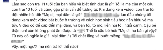 "Con hỏi mại dâm là gì, trả lời ra sao? Thắc mắc của bà mẹ nhận cơn mưa lời khuyên, đọc câu nào cũng thấy có lý! - Ảnh 1. "Con hỏi mại dâm là gì, trả lời ra sao? Thắc mắc của bà mẹ nhận cơn mưa lời khuyên, đọc câu nào cũng thấy có lý! - Ảnh 1.