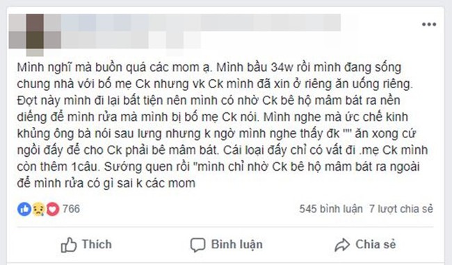 Bị bố mẹ chồng mắng té tát khi nhờ chồng bê hộ mâm bát, mẹ bầu sắp sinh hoang mang không biết sai ở đâu - Ảnh 1.