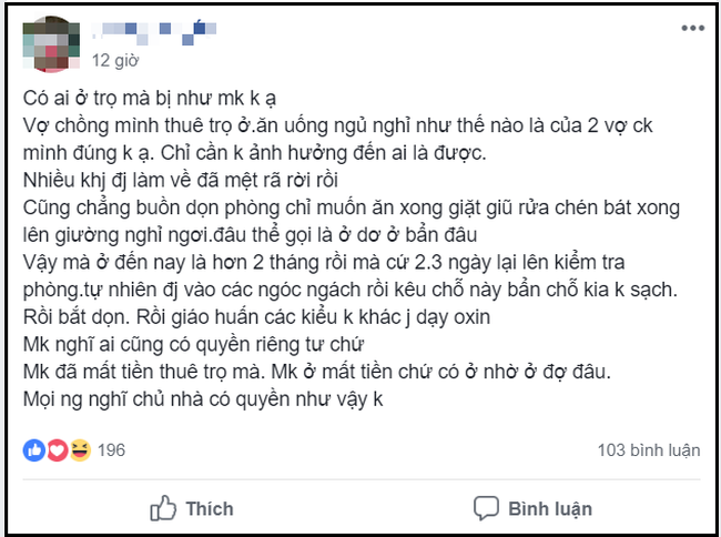 Sống chung với mẹ chồng tưởng khổ, gặp chủ trọ “trái tính” thế này còn khổ hơn, vợ trẻ sợ hãi xin dân mạng hiến kế - Ảnh 1.