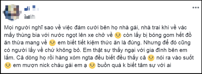 Cô dâu than trời vì nhà trai qua ăn cỗ mang theo túi lấy phần, khi về tiện tay vác luôn cả thùng bia - Ảnh 1.