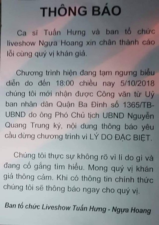 UBND quận Ba Đình ra thông báo chính thức về việc dừng show của Tuấn Hưng - Ảnh 1.