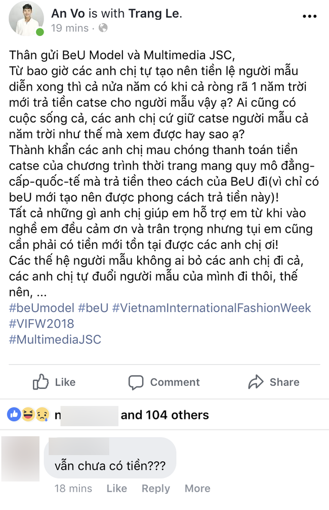 Vietnam International Fashion Week tiếp tục bị loạt người mẫu tố chậm tiền: Thu/Đông đã qua mà catxe mùa Xuân/Hè vẫn chưa thấy! - Ảnh 3. Vietnam International Fashion Week tiếp tục bị loạt người mẫu tố chậm tiền: Thu/Đông đã qua mà catxe mùa Xuân/Hè vẫn chưa thấy! - Ảnh 3.