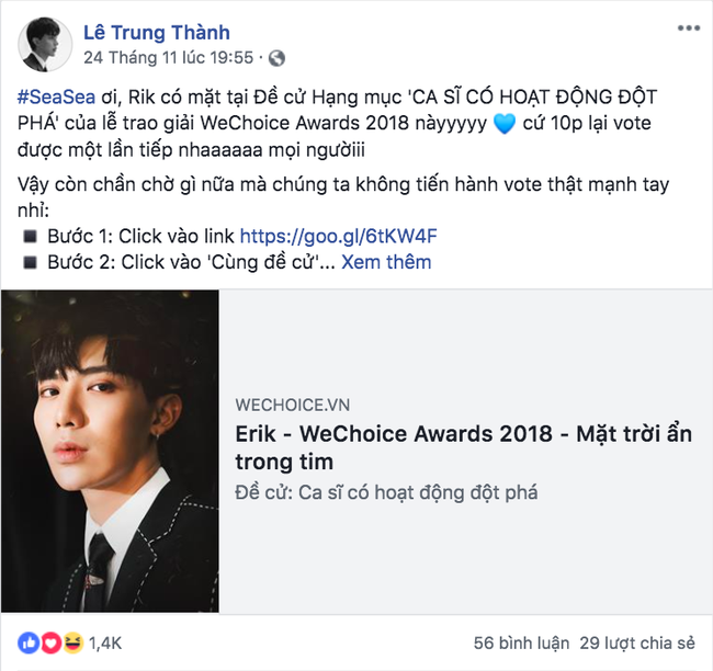 Nghệ sĩ Vbiz đồng loạt kêu gọi fan đề cử, quyết ẵm giải thưởng tại WeChoice Awards 2018 - Ảnh 2. Nghệ sĩ Vbiz đồng loạt kêu gọi fan đề cử, quyết ẵm giải thưởng tại WeChoice Awards 2018 - Ảnh 2.