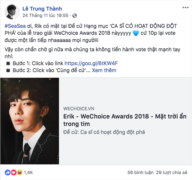 Nghệ sĩ Vbiz đồng loạt kêu gọi fan đề cử, quyết ẵm giải thưởng tại WeChoice Awards 2018 - Ảnh 2.