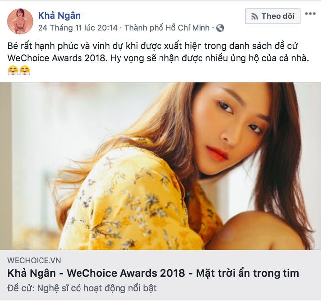 Nghệ sĩ Vbiz đồng loạt kêu gọi fan đề cử, quyết ẵm giải thưởng tại WeChoice Awards 2018 - Ảnh 8. Nghệ sĩ Vbiz đồng loạt kêu gọi fan đề cử, quyết ẵm giải thưởng tại WeChoice Awards 2018 - Ảnh 8.