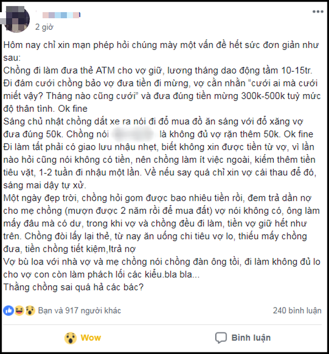 Ấm ức kể khổ vì đưa hết lương cho vợ, lúc cần tiền phải ngửa tay như ăn xin, chồng trẻ khiến MXH dậy sóng - Ảnh 1.