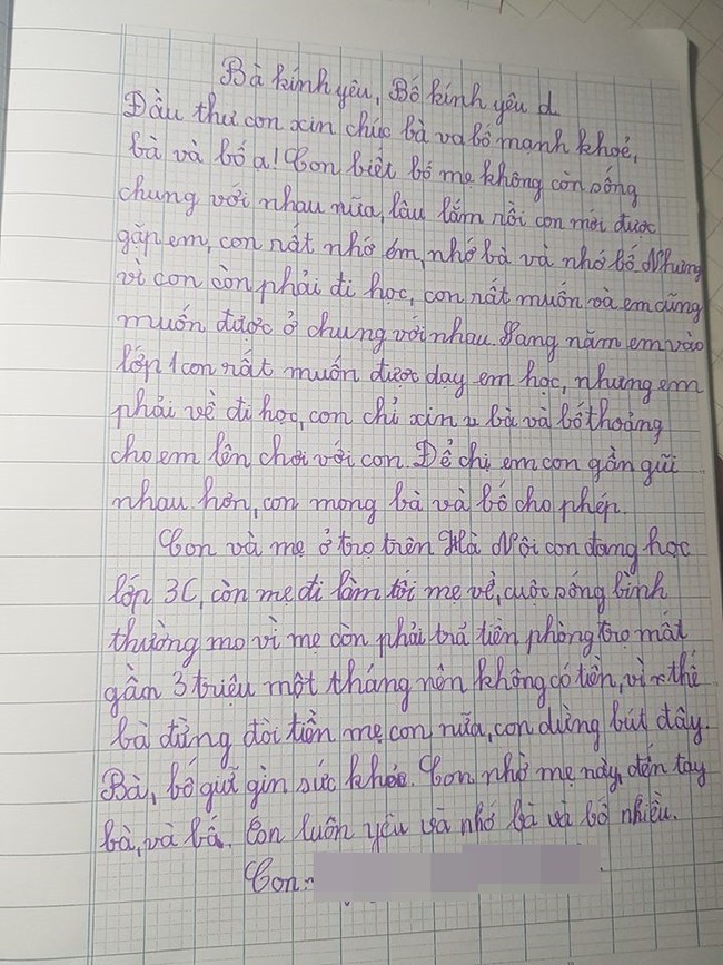 Ứa nước mắt với bức thư của bé gái lớp 3 gửi bố mẹ ly hôn: Con biết bố mẹ không còn sống chung với nhau nữa - Ảnh 1.